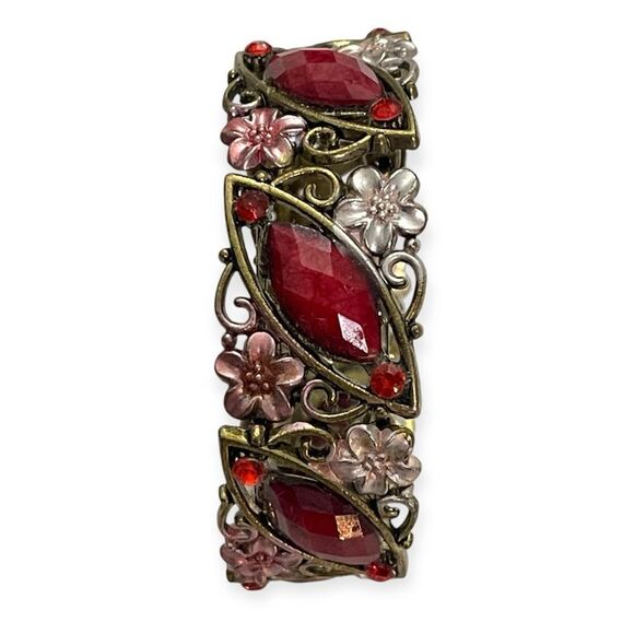Vintage Victorian Enamel Red Crystal Floral Metal Cuff Bracelet - Picture 7 of 7